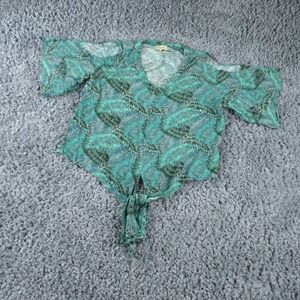 Democracy Blouse Shirt Womens Medium Green Tropical Tie Front Rayon